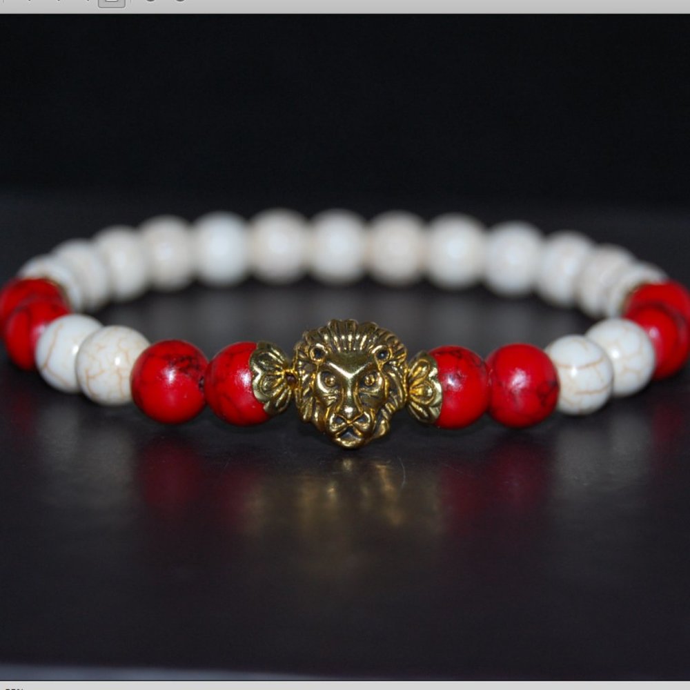 Lion Bracelet,Red and White Bracelet,Howlite 8mm Stone Beads,Red and White Lion
